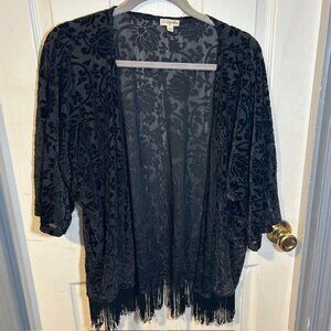 Lily White Black Burnout Velvet Kimono Fringe Cardigan Size L Boho Sheer Duster